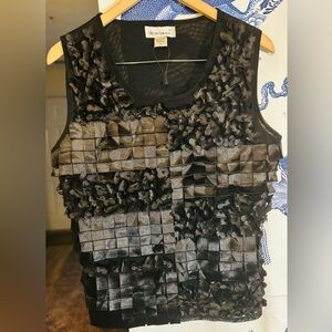 Vintage Black Sleeveless Layered Sheer Blouse w Textured Floral & Beaded Design